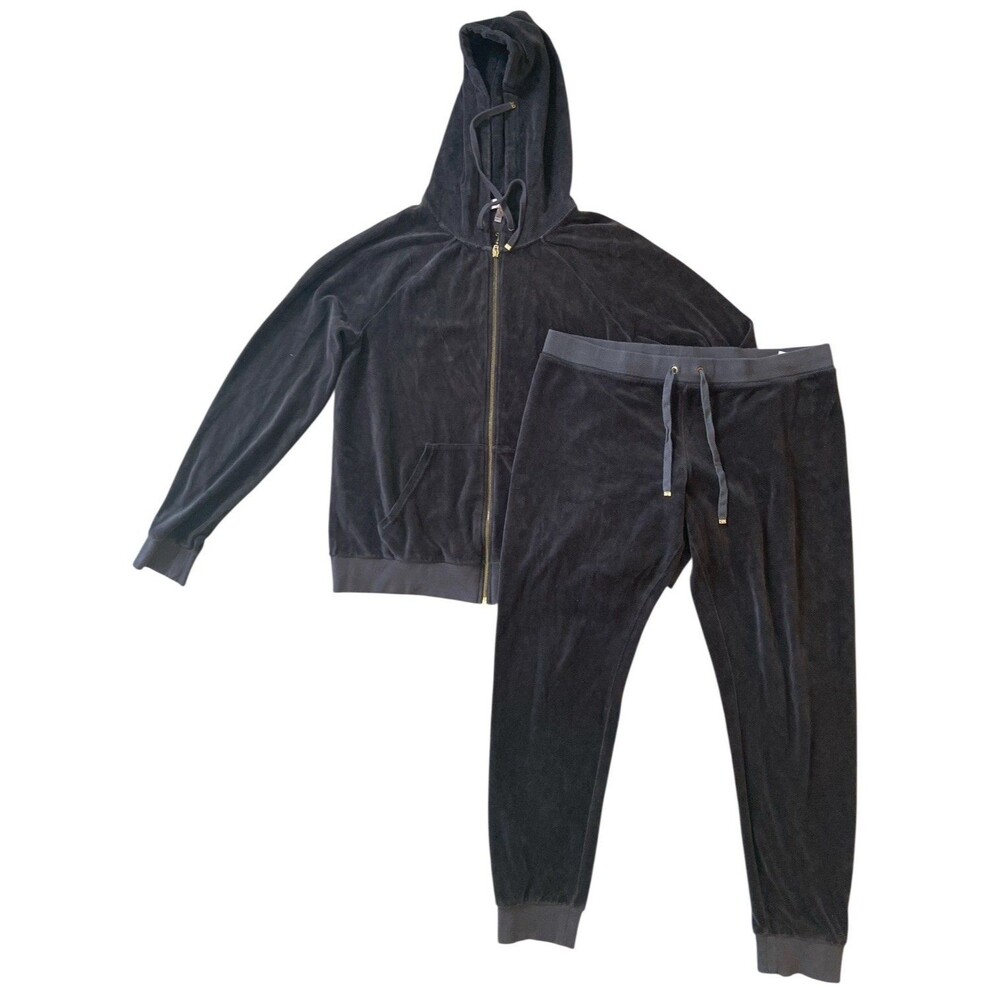 Juicy Couture Women’s Velour Tracksuit Set Black Hoodie Pants Size L Vintage - Picture 2 of 16